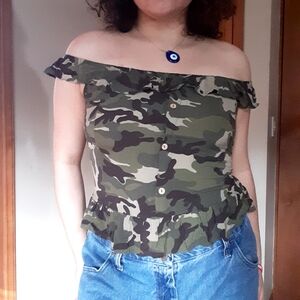 Camouflage Off-Shoulder Top